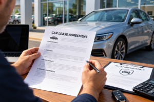 Alt Text: `Car lease agreement and insurance documents being reviewed at a dealership` 